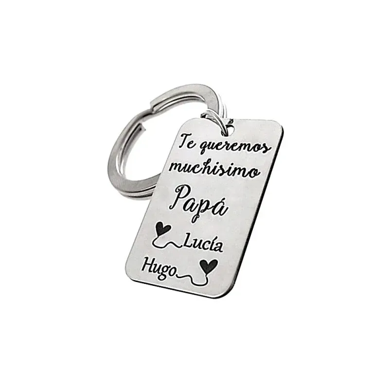 Llavero plata Ley 925m placa 35x22mm. TE QUEREMOS MUCHÍSIMO PAPÁ nombres personalizados corazones