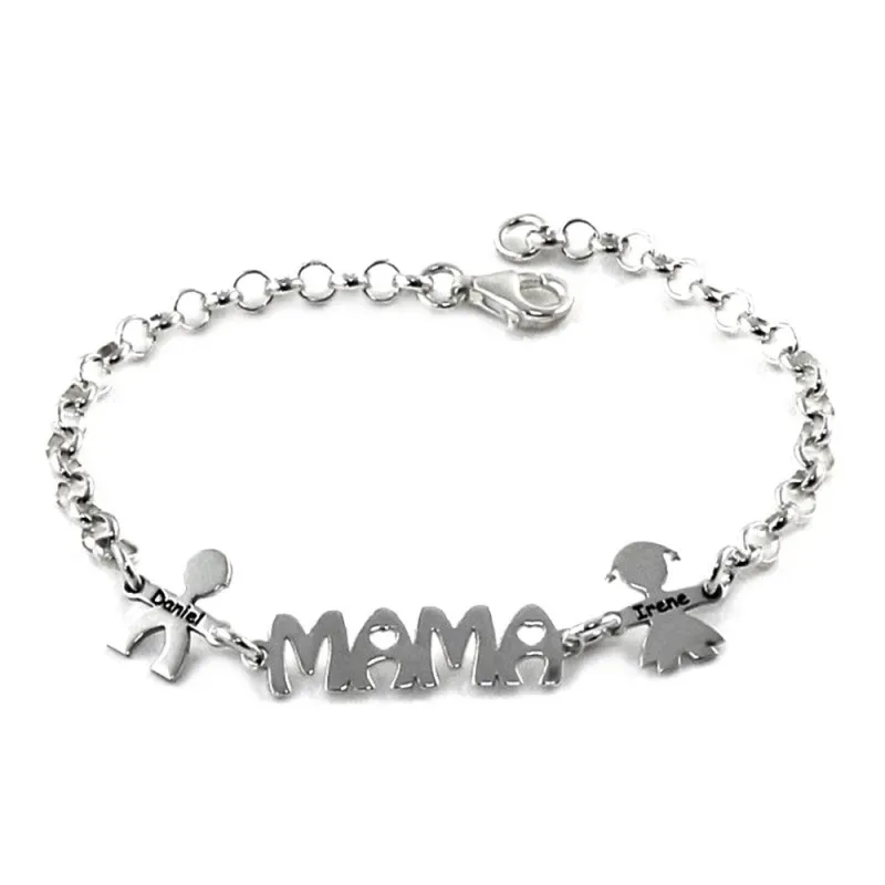 Pulsera plata Ley 925m cadena rolo 19cm centro MAMÁ laterales niños nombres personalizados mosquetón