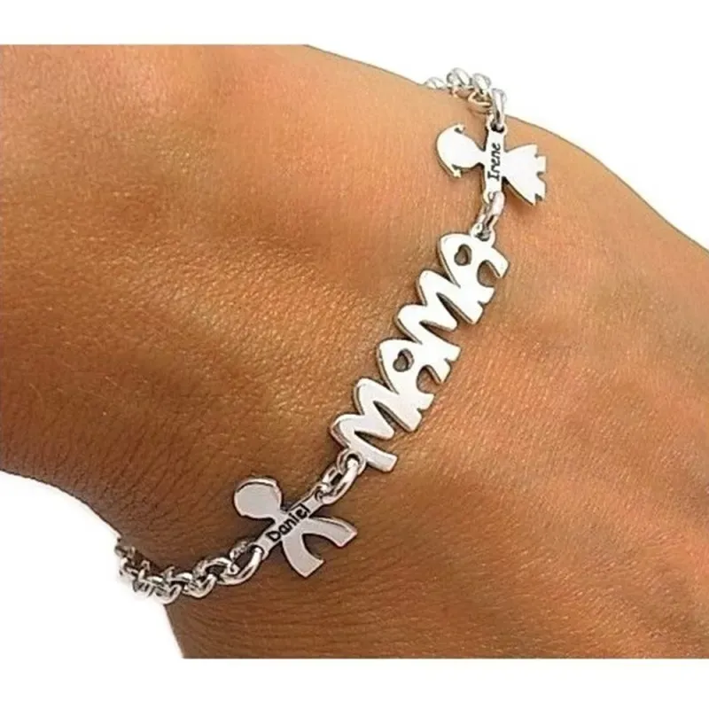 Pulsera plata Ley 925m cadena rolo 19cm centro MAMÁ laterales niños nombres personalizados mosquetón