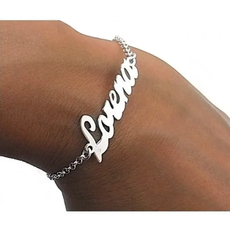 Pulsera plata Ley 925m lisa silueta nombre personalizado cadena rolo cierre reasa