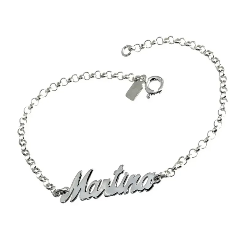Pulsera plata Ley 925m cadena rolo 18cm. lisa silueta nombre personalizado cierre reasa
