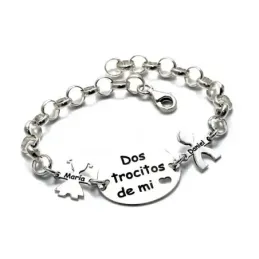 Pulsera plata Ley 925m cadena rolo 18.5cm. DOS TROCITOS DE MI CORAZÓN niños nombres personalizados
