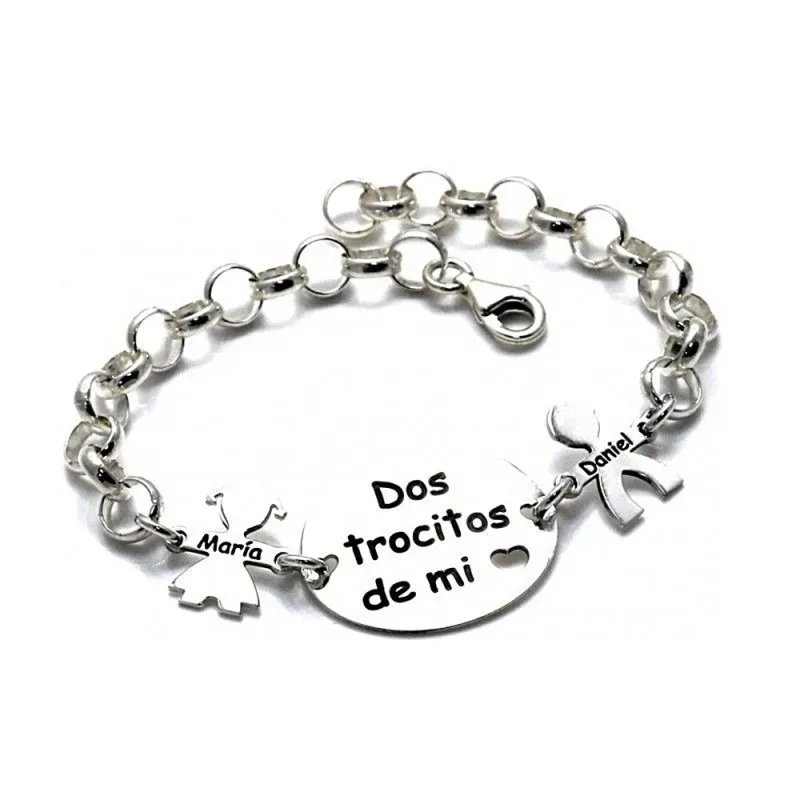 Pulsera plata Ley 925m cadena rolo 18.5cm. DOS TROCITOS DE MI CORAZÓN niños nombres personalizados