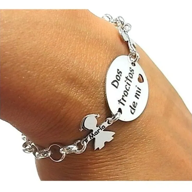 Pulsera plata Ley 925m cadena rolo 18.5cm. DOS TROCITOS DE MI CORAZÓN niños nombres personalizados