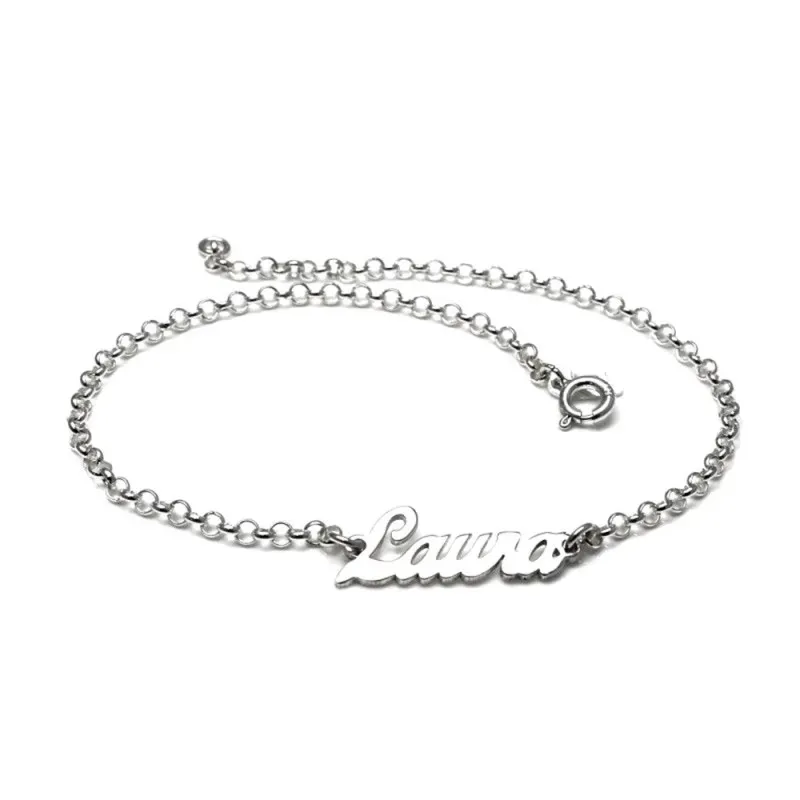 Tobillera plata Ley 925m cadena rolo 23cm. centro nombre liso personalizado cierre reasa