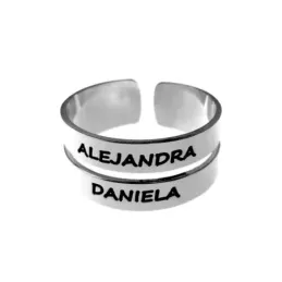 Sortija plata Ley 925m lisa calada dos bandas nombres personalizados parte trasera abierta