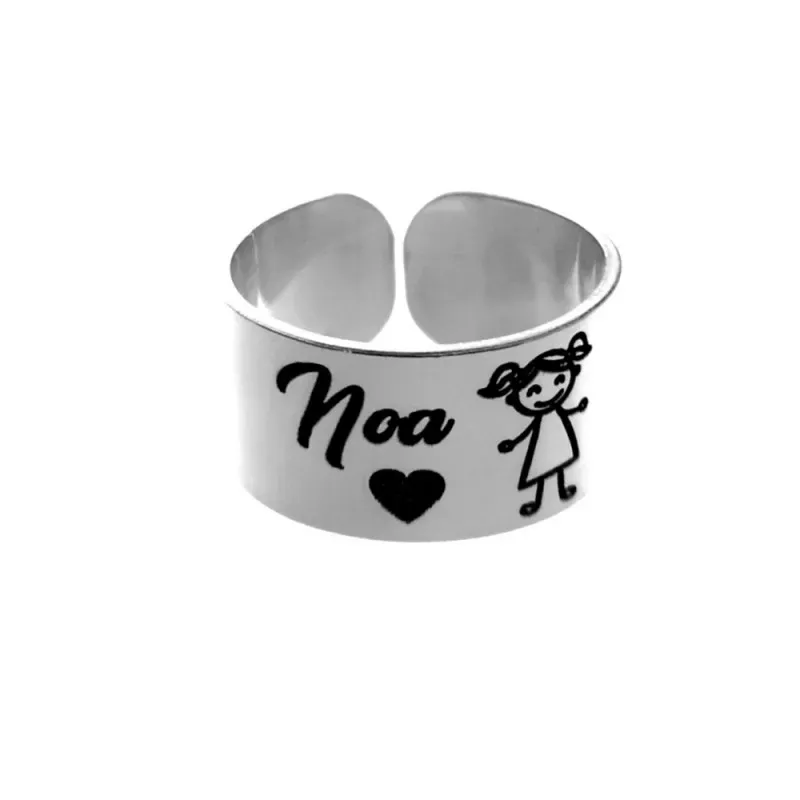 Sortija plata Ley 925m lisa ancho 10mm. detalle niño/a nombre personalizado parte trasera abierta