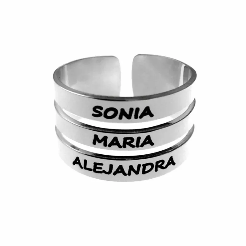 Sortija plata Ley 925m lisa calada tres bandas nombres personalizados parte trasera abierta
