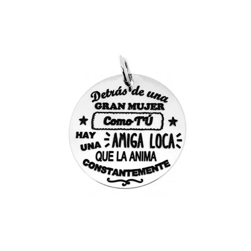 Colgante plata Ley 925m chapa 24mm. lisa redonda mensaje amiga dedicatoria
