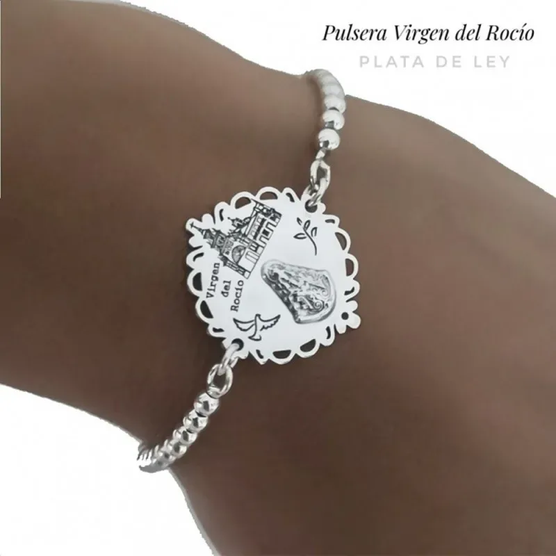 Pulsera plata Ley 925m cadena 17cm. bolas 3mm. detalle medalla Virgen del Rocío tallada cerco calado
