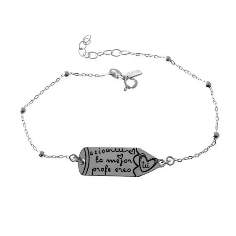 Pulsera plata Ley 925m cadena combinada 18cm. detalle lápiz mensaje AEIOU LA MEJOR PROFE ERES TÚ
