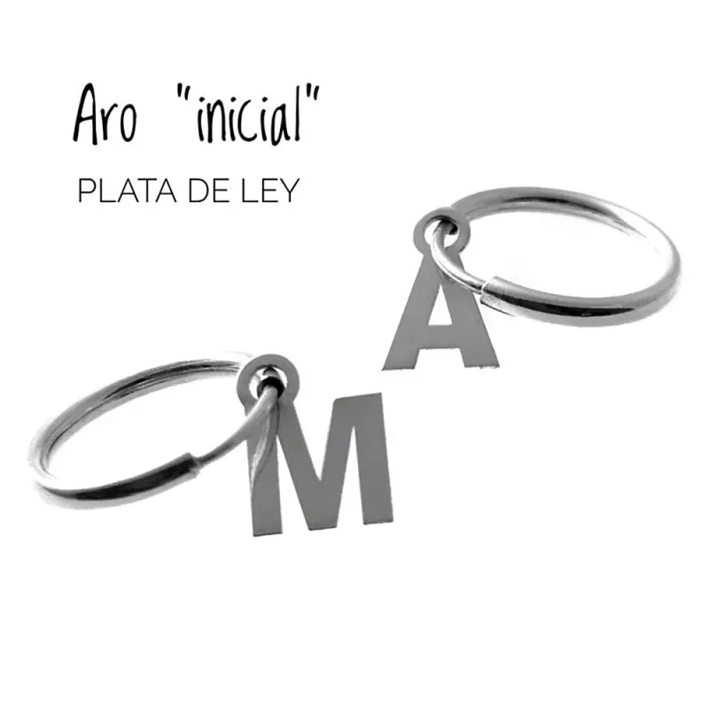 Pendiente plata Ley 925m medio par aro 14mm. personalizable letra inicial lisa colgando