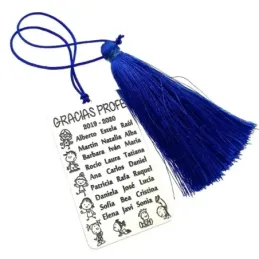 Marcapáginas plata Ley 925m para profe 60mm. personalizable nombres curso detalles niños pompón azul
