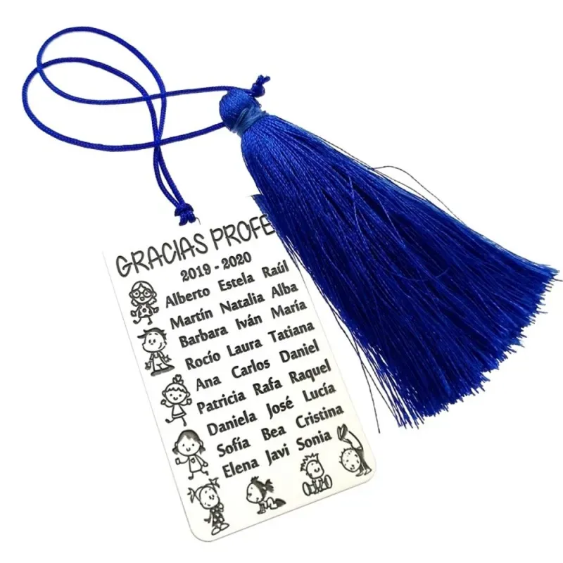 Marcapáginas plata Ley 925m para profe 60mm. personalizable nombres curso detalles niños pompón azul