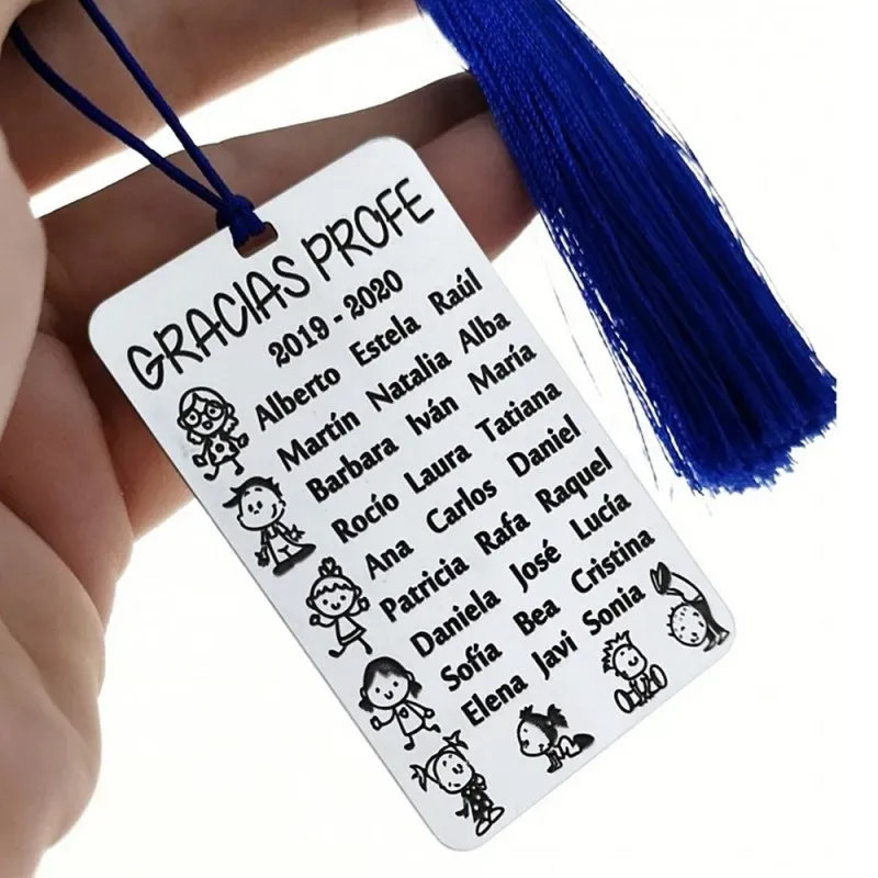 Marcapáginas plata Ley 925m para profe 60mm. personalizable nombres curso detalles niños pompón azul