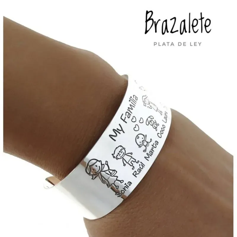 Brazalete plata Ley 925m abierto personalizable 23mm. miembros familia mascotas nombres