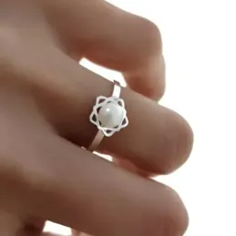 Juego plata Ley 925m Primera Comunión sortija pendientes flor pétalos calados perla