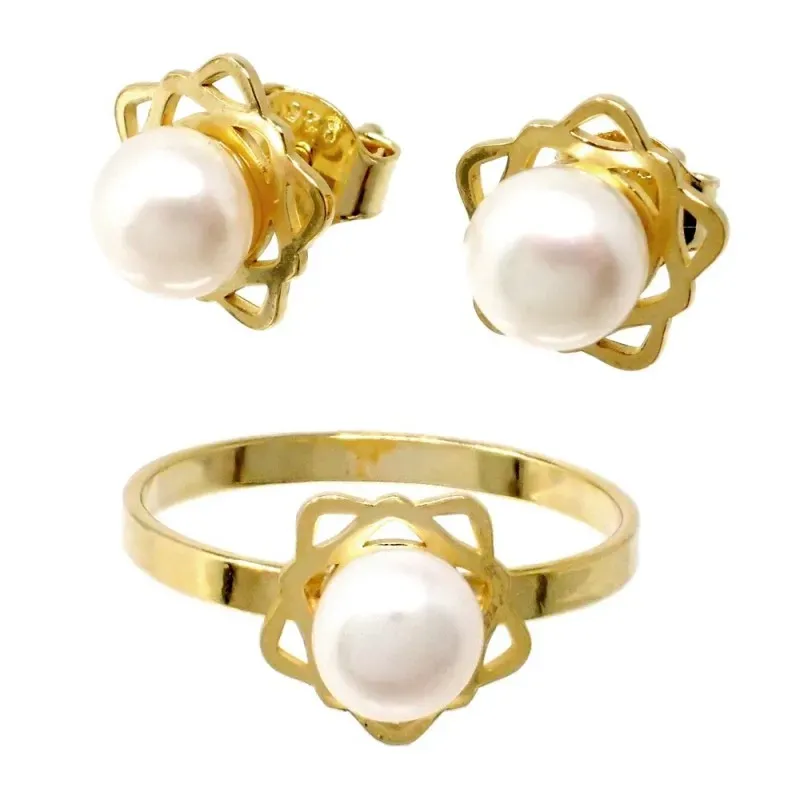 Juego plata Ley 925m chapado oro Primera Comunión sortija pendientes flor pétalos calados perla