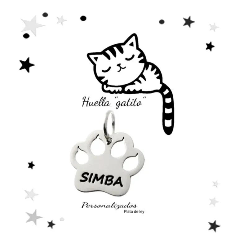 Colgante plata Ley 925m huella gato nombre personalizable uñas pezuñas liso