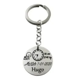 Llavero plata Ley 925m personalizable nacimiento disco 30mm. hora fecha peso longitud nombre