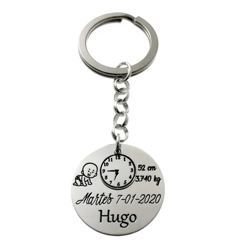 Llavero plata Ley 925m personalizable nacimiento disco 30mm. hora fecha peso longitud nombre