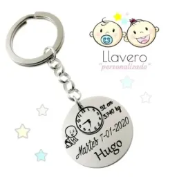 Llavero plata Ley 925m personalizable nacimiento disco 30mm. hora fecha peso longitud nombre