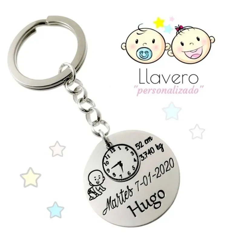 Llavero plata Ley 925m personalizable nacimiento disco 30mm. hora fecha peso longitud nombre