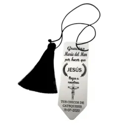 Marcapáginas plata Ley 925m personalizable 90mm GRACIAS POR HACER QUE JESÚS LLEGUE A NOSOTROS pompón