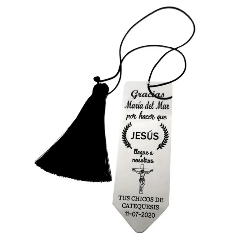 Marcapáginas plata Ley 925m personalizable 90mm GRACIAS POR HACER QUE JESÚS LLEGUE A NOSOTROS pompón