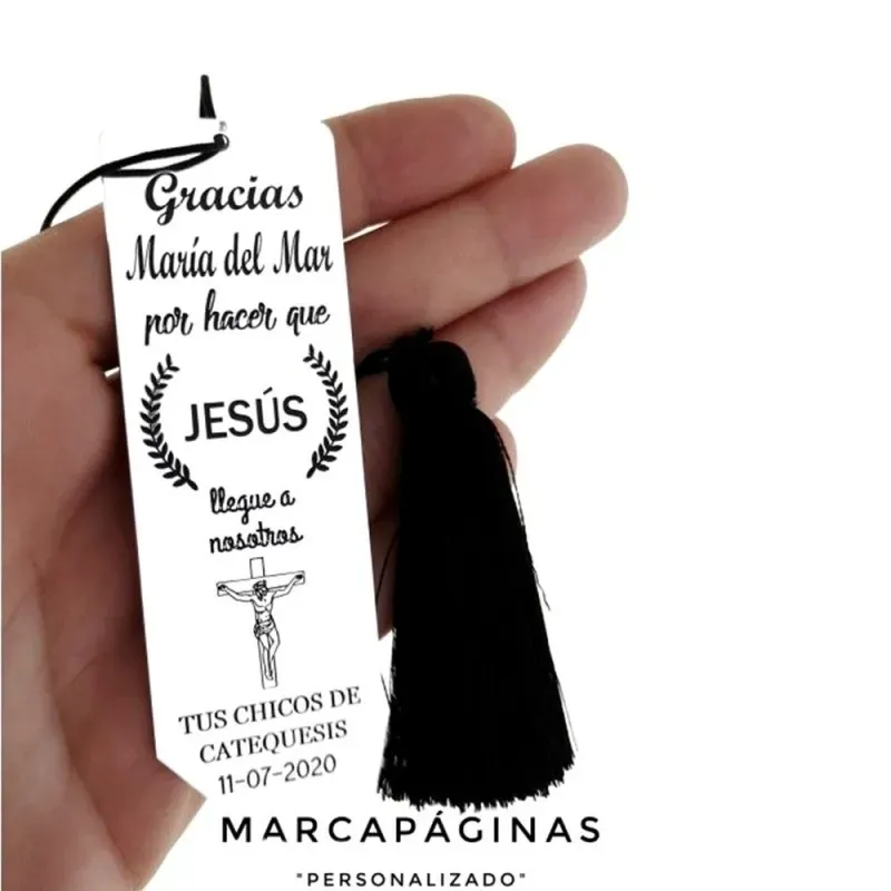 Marcapáginas plata Ley 925m personalizable 90mm GRACIAS POR HACER QUE JESÚS LLEGUE A NOSOTROS pompón