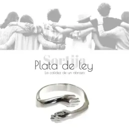 Sortija plata Ley 925m 4mm. forma abrazo manos cruzadas lisa abierta