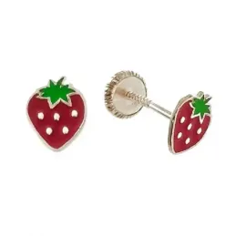Pendientes plata Ley 925m niña fresa esmaltada 6 mm.