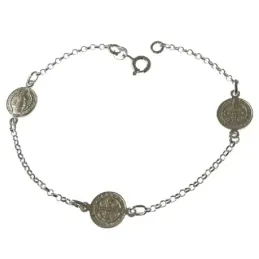 Pulsera plata Ley 925m San Benito 19 cm. cadena rolo medallas 10 mm.