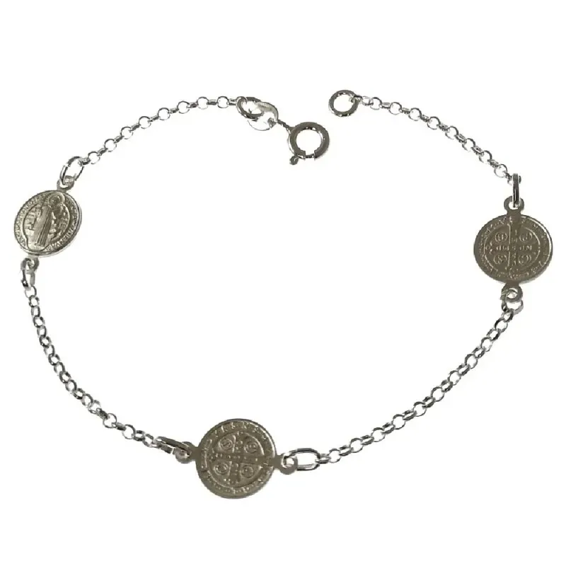 Pulsera plata Ley 925m San Benito 19 cm. cadena rolo medallas 10 mm.