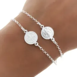 Pulsera plata Ley 925m San Benito 19 cm. cadena rolo medallas 10 mm.