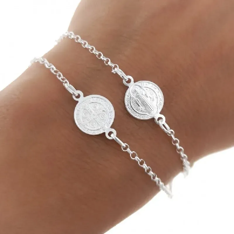 Pulsera plata Ley 925m San Benito 19 cm. cadena rolo medallas 10 mm.