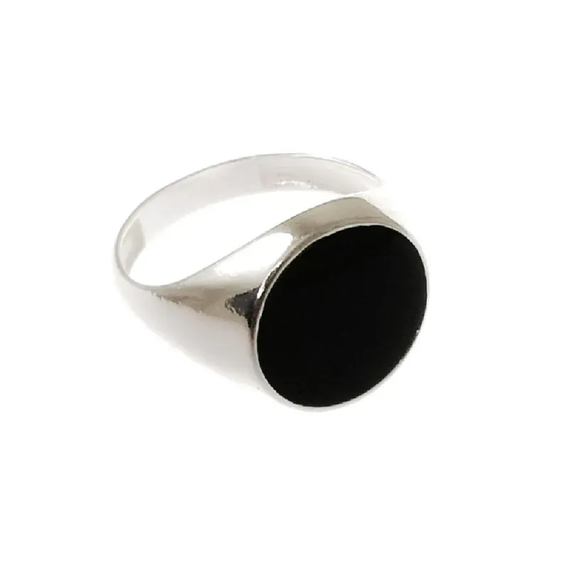 Sello plata Ley 925m hombre redondo cabeza esmaltada liso negro