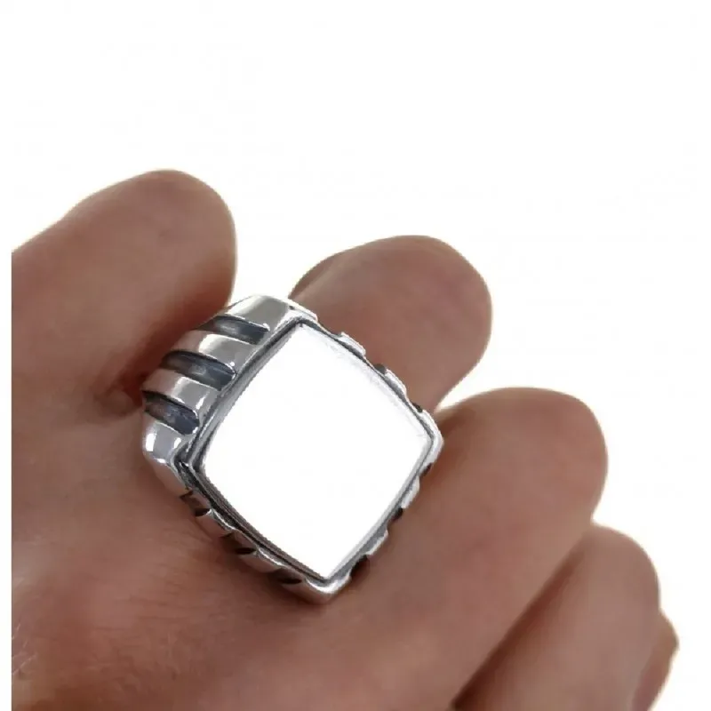 Sello plata Ley 925m hombre cuadrado detalles barras laterales oxidad