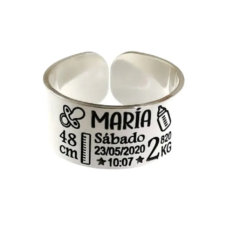 Sortija plata Ley 925m mujer personalizable nacimiento bebé abierta