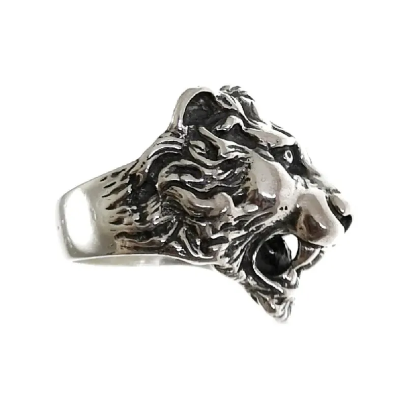 Anillo plata Ley 925m hombre cabeza león oxidado realista