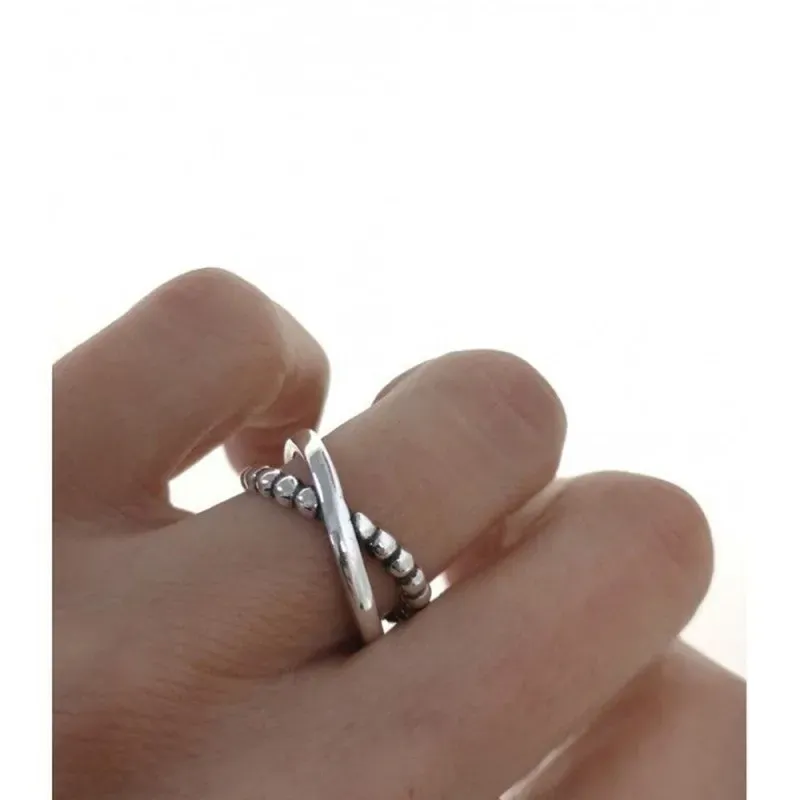 Sortija plata Ley 925m mujer banda lisa combinada bolas ancho 8 mm.