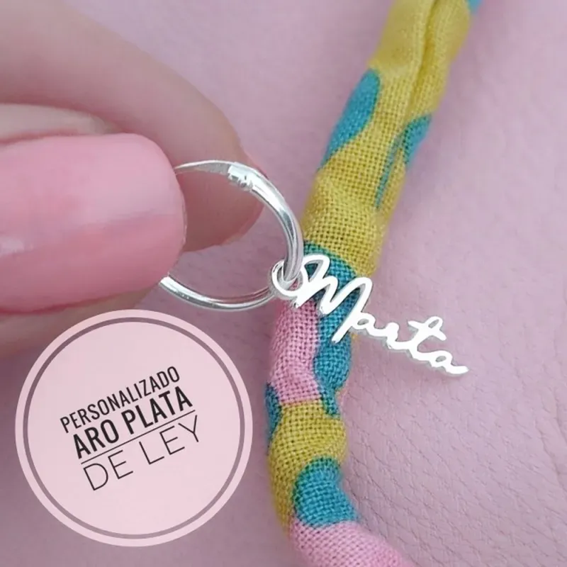 Pendiente plata Ley 925m mujer 11 mm. aro medio par nombre personaliz