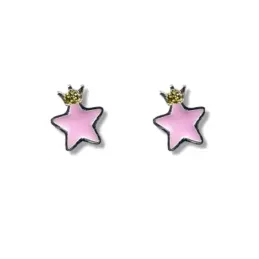 Pendientes plata Ley 925m niña 5 mm. estrella esmaltada rosa corona d