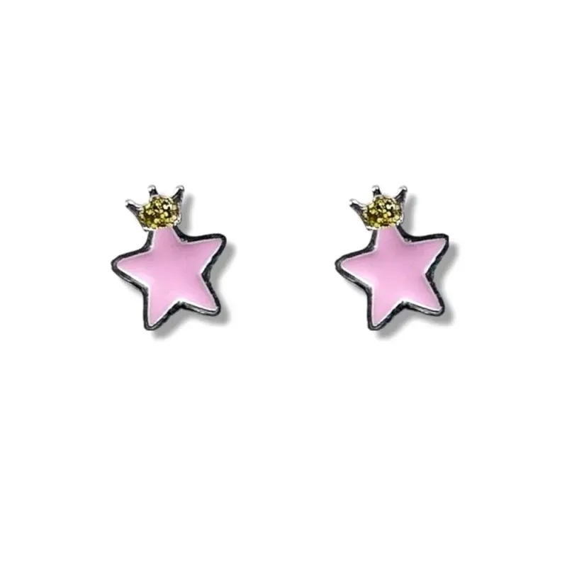 Pendientes plata Ley 925m niña 5 mm. estrella esmaltada rosa corona d