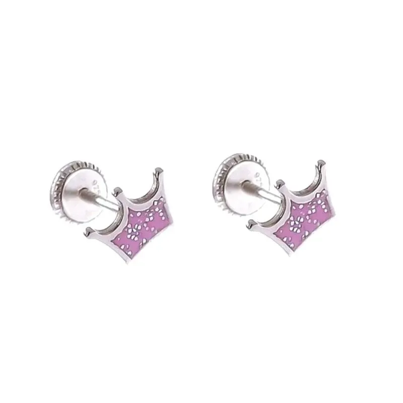 Pendientes plata Ley 925m niña 6 mm. forma corona esmaltada color ros