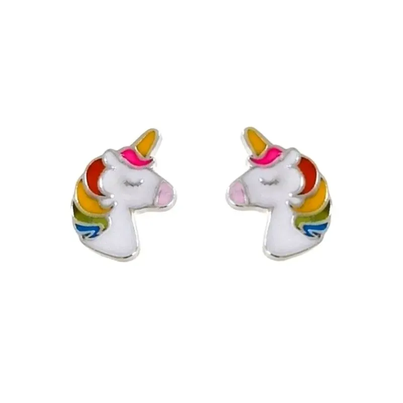 Pendientes plata Ley 925 mm niña 8 mm. unicornio esmaltado colores to