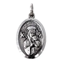 Medalla colgante plata Ley 925m maciza 25mm. Virgen Perpetuo Socorro cerco brillo trasera mate cruz
