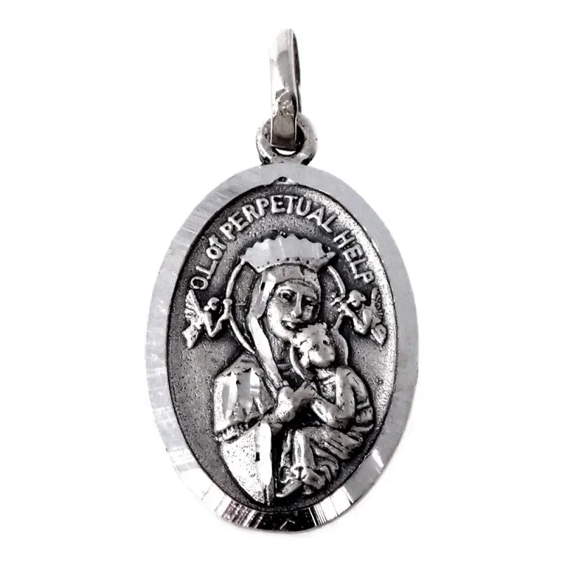 Medalla colgante plata Ley 925m maciza 25mm. Virgen Perpetuo Socorro cerco brillo trasera mate cruz
