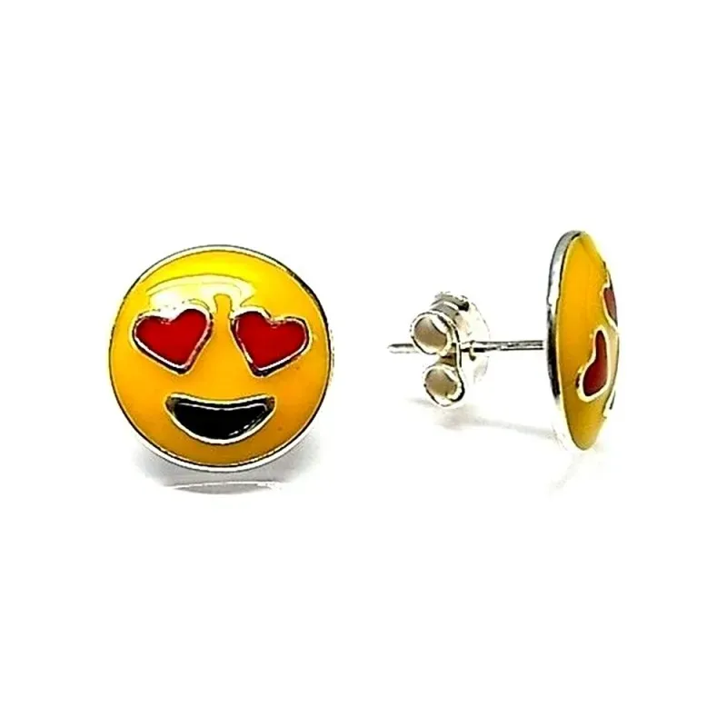 Pendiente plata ley 925m esmaltado 10mm. emoticono corazones [AA9143]
