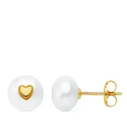 Pendientes oro 18k perla cultivada 7.5mm. corazón cierre presión niña